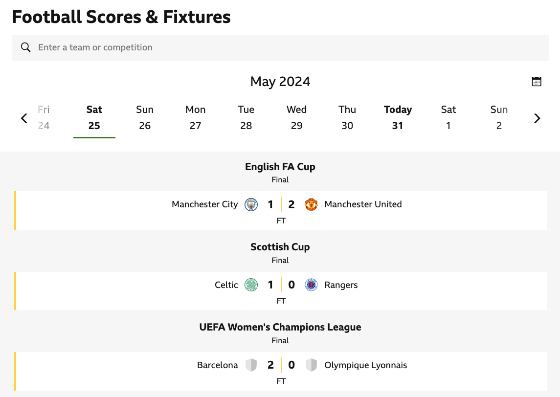 Fixtures page